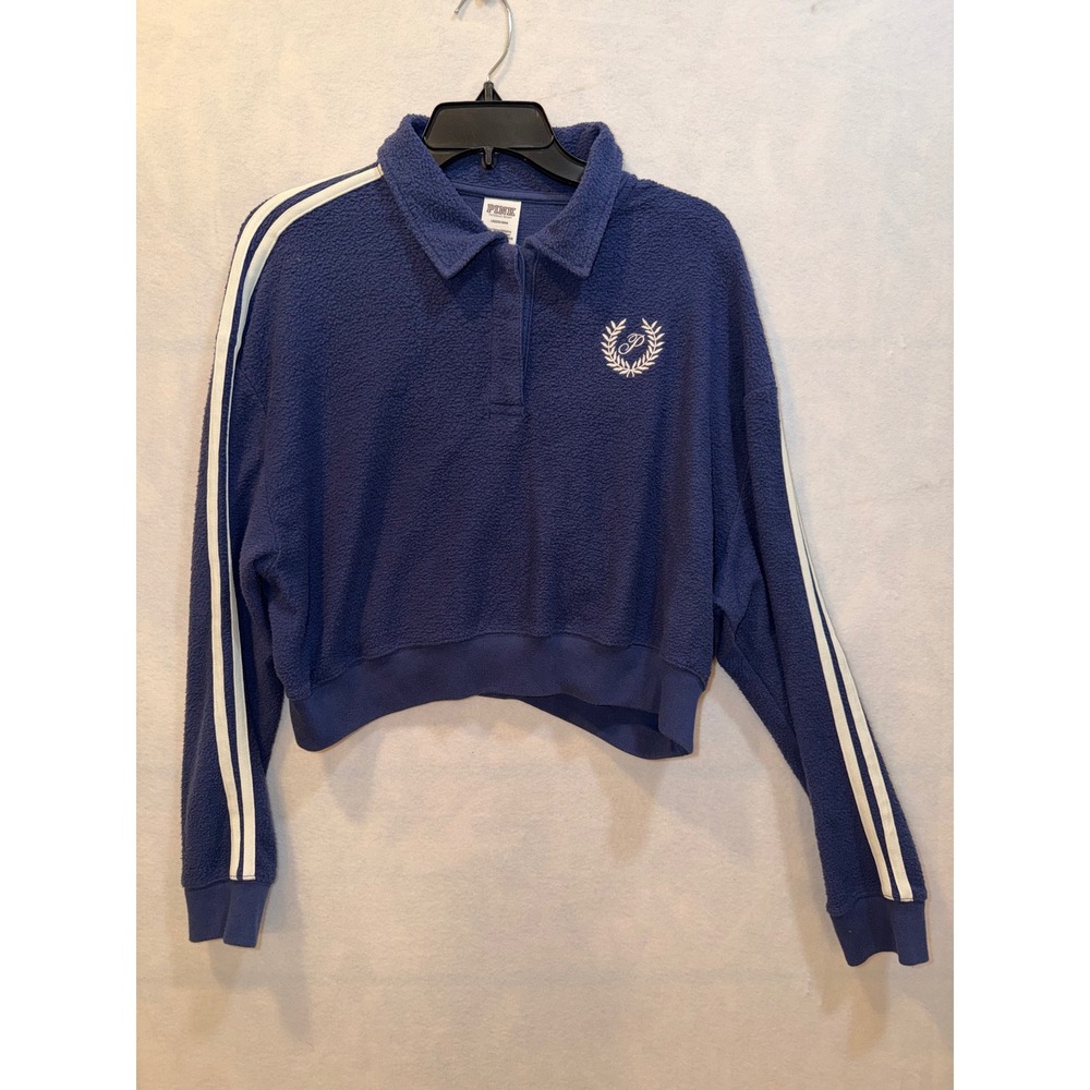 PINK Victoria's‎ Secret Cropped Terry Cloth Polo Sweatshirt Blue L G